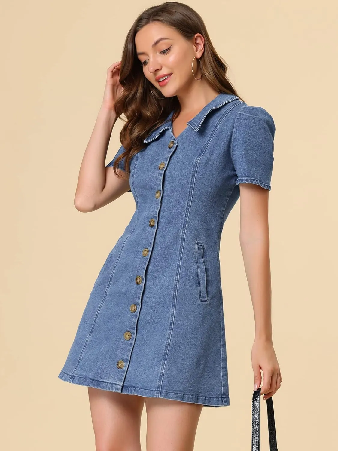 Allegra K Women's Collared Button Down Short Sleeve Vintage Jean Demin Dress