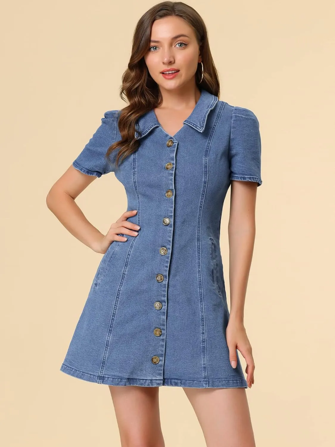 Allegra K Women's Collared Button Down Short Sleeve Vintage Jean Demin Dress