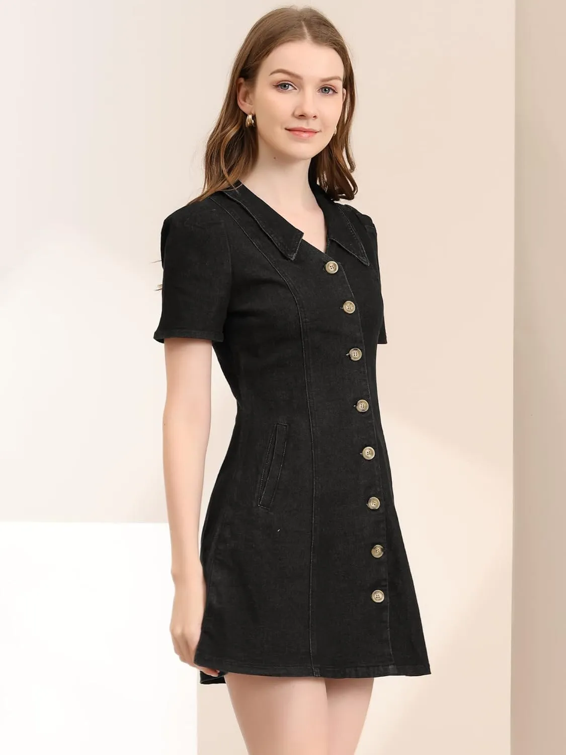 Allegra K Women's Collared Button Down Short Sleeve Vintage Jean Demin Dress
