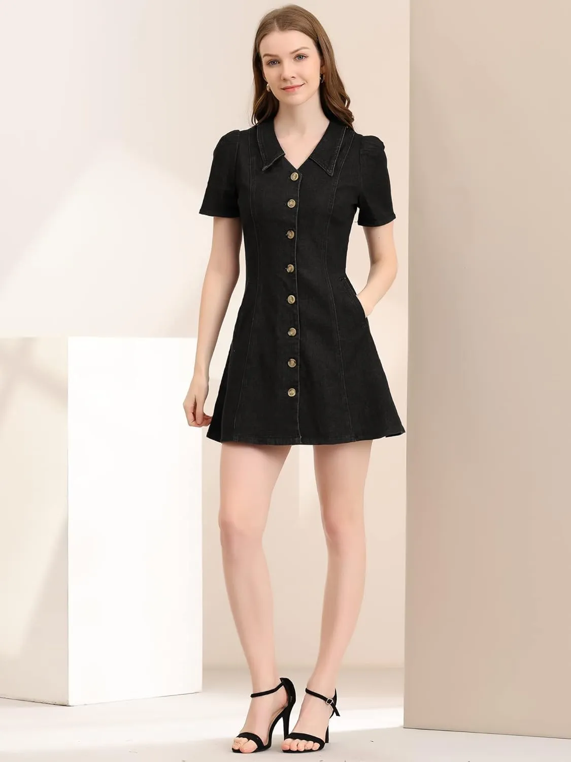Allegra K Women's Collared Button Down Short Sleeve Vintage Jean Demin Dress