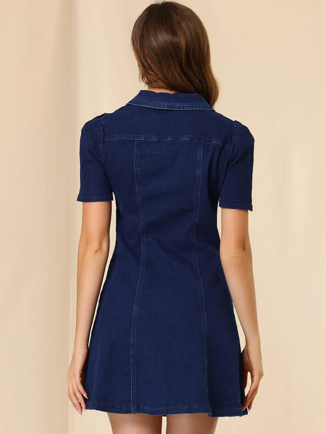 Allegra K Women's Collared Button Down Short Sleeve Vintage Jean Demin Dress