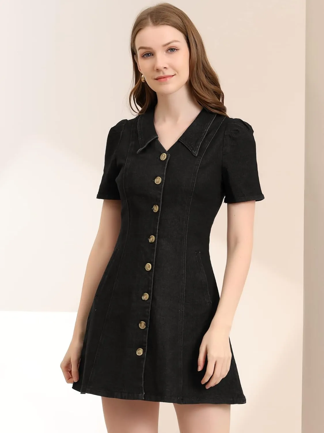 Allegra K Women's Collared Button Down Short Sleeve Vintage Jean Demin Dress