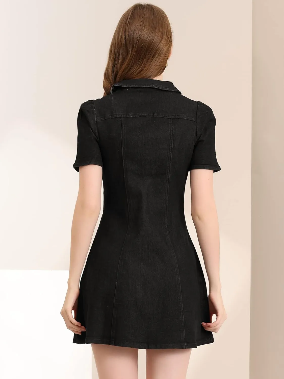 Allegra K Women's Collared Button Down Short Sleeve Vintage Jean Demin Dress