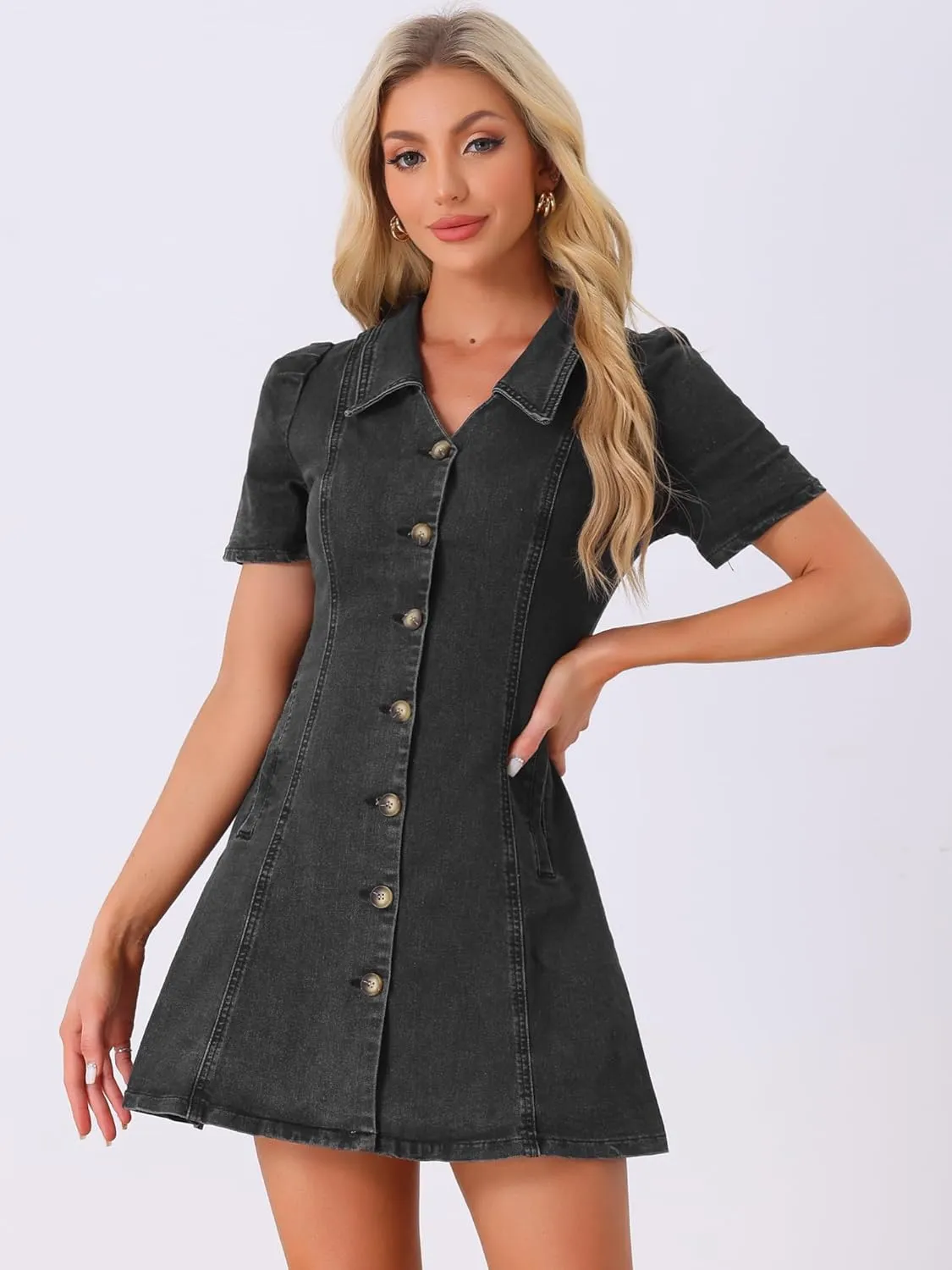 Allegra K Women's Collared Button Down Short Sleeve Vintage Jean Demin Dress