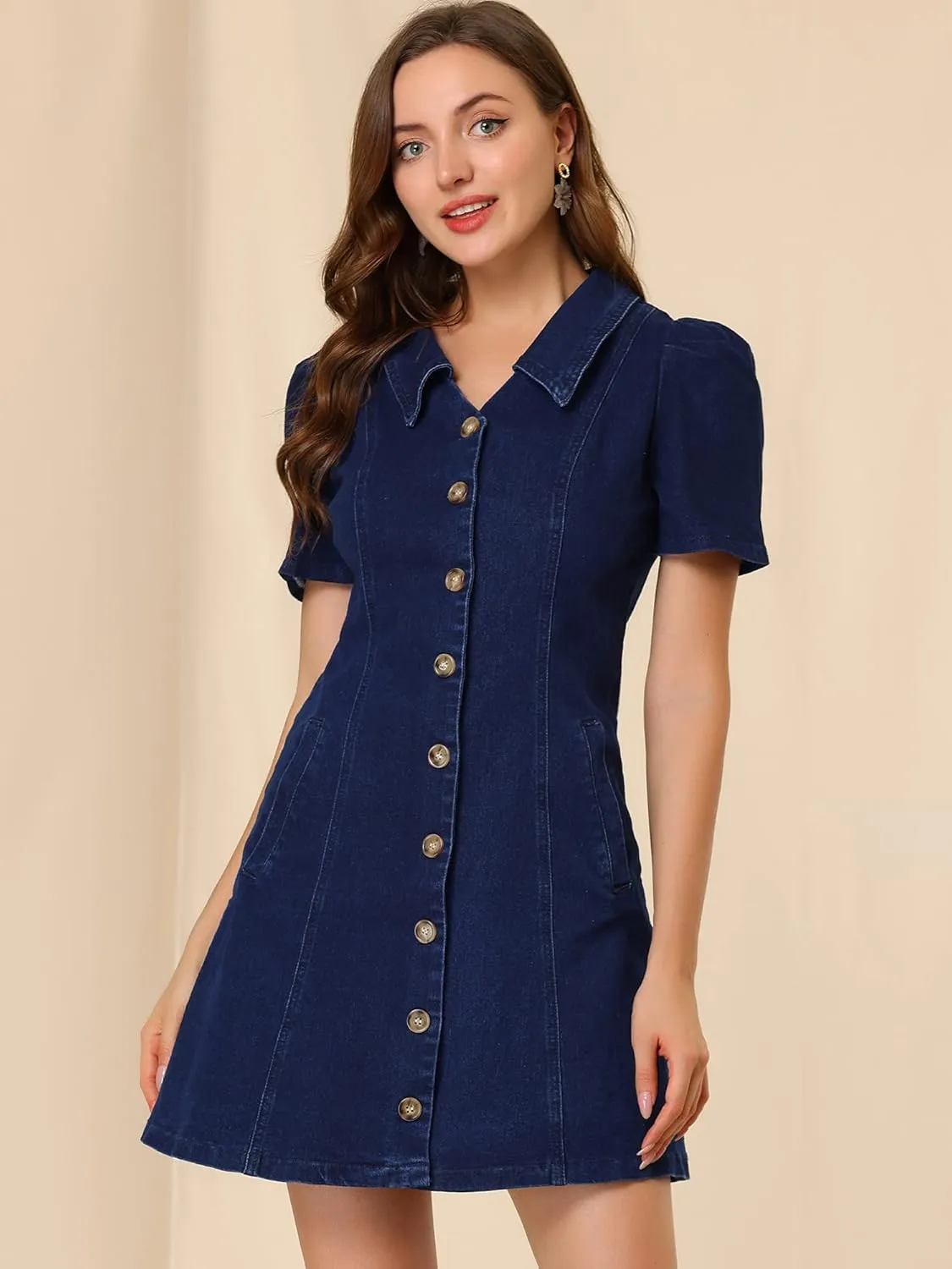 Allegra K Women's Collared Button Down Short Sleeve Vintage Jean Demin Dress