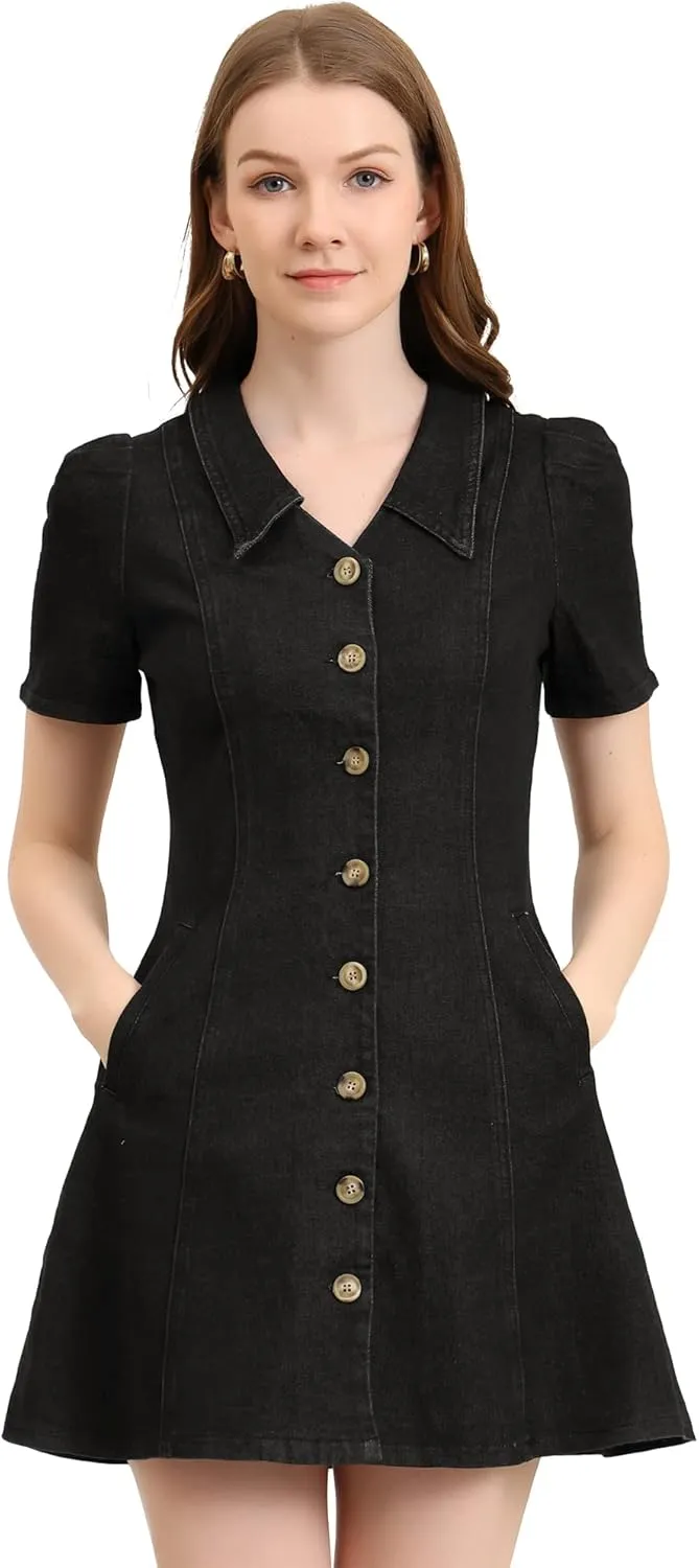 Allegra K Women's Collared Button Down Short Sleeve Vintage Jean Demin Dress