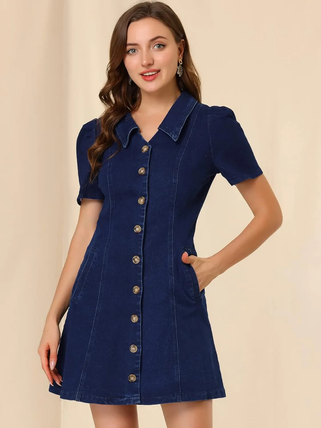 Allegra K Women's Collared Button Down Short Sleeve Vintage Jean Demin Dress