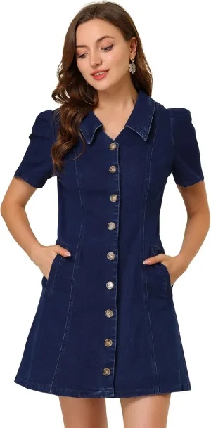 Allegra K Women's Collared Button Down Short Sleeve Vintage Jean Demin Dress