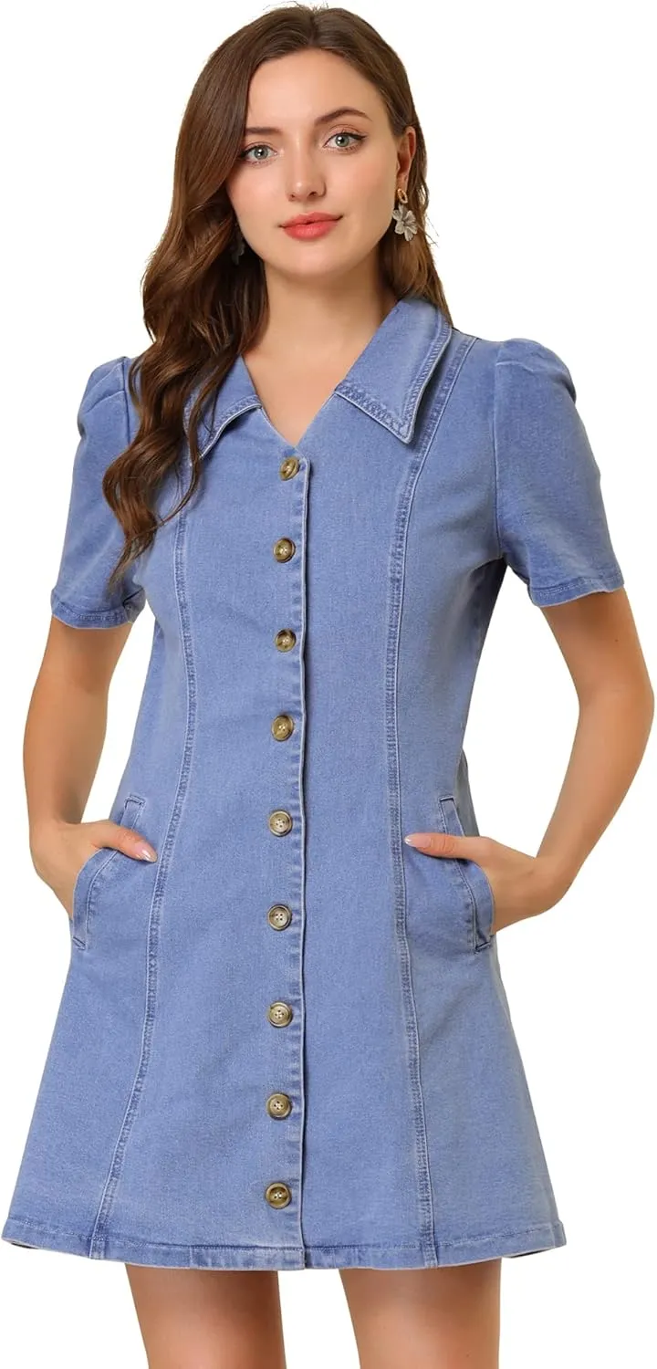Allegra K Women's Collared Button Down Short Sleeve Vintage Jean Demin Dress