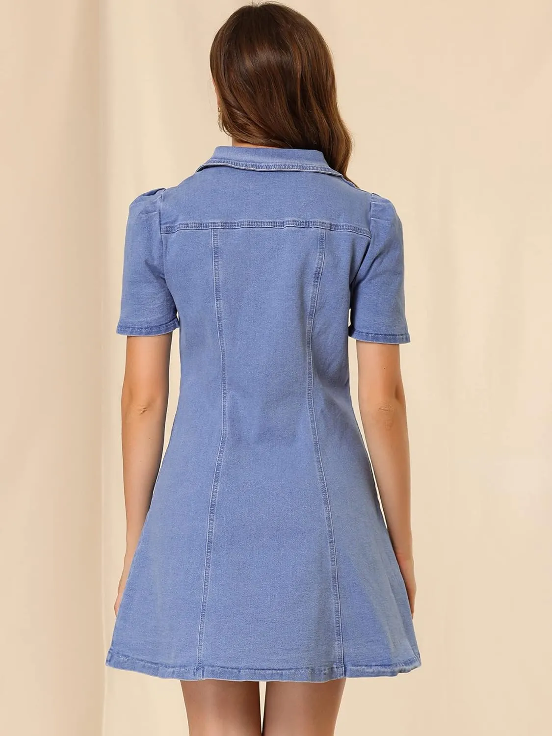 Allegra K Women's Collared Button Down Short Sleeve Vintage Jean Demin Dress