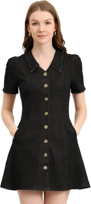 Allegra K Women's Collared Button Down Short Sleeve Vintage Jean Demin Dress
