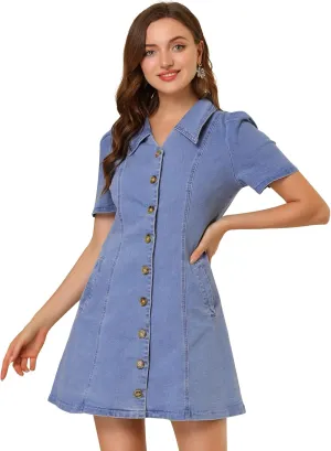 Allegra K Women's Collared Button Down Short Sleeve Vintage Jean Demin Dress
