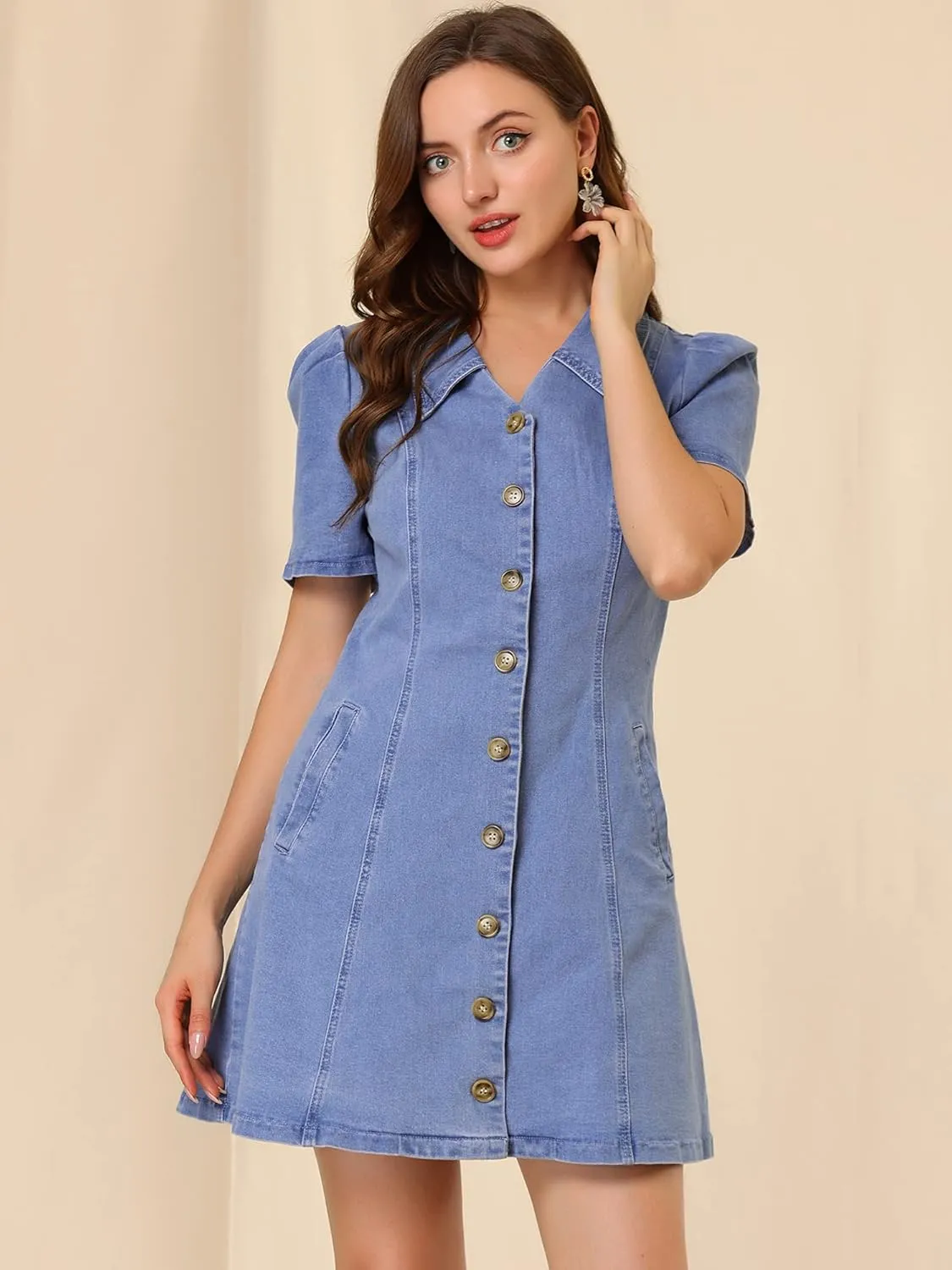 Allegra K Women's Collared Button Down Short Sleeve Vintage Jean Demin Dress