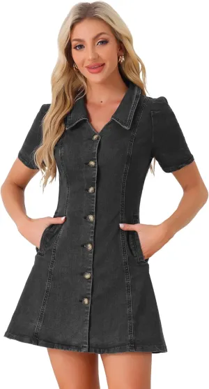Allegra K Women's Collared Button Down Short Sleeve Vintage Jean Demin Dress