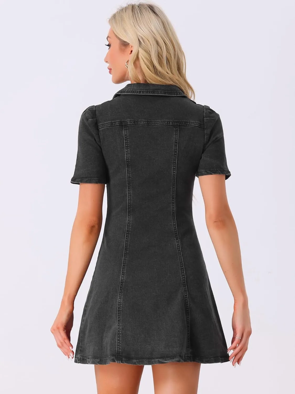 Allegra K Women's Collared Button Down Short Sleeve Vintage Jean Demin Dress