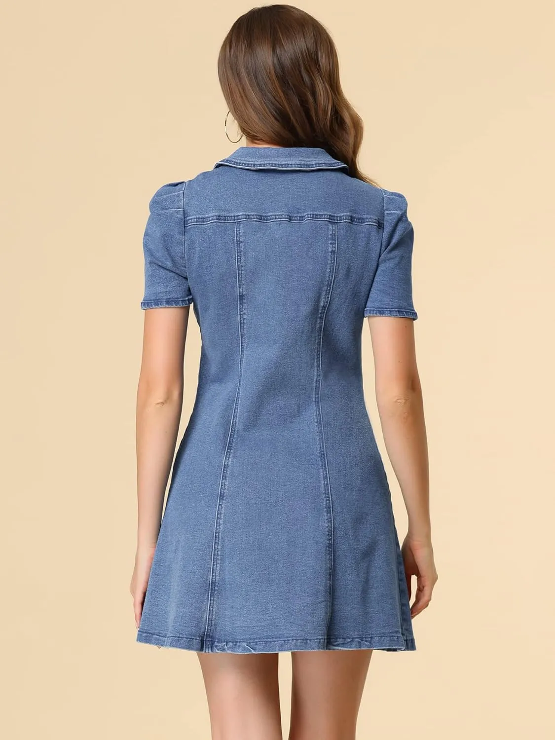 Allegra K Women's Collared Button Down Short Sleeve Vintage Jean Demin Dress