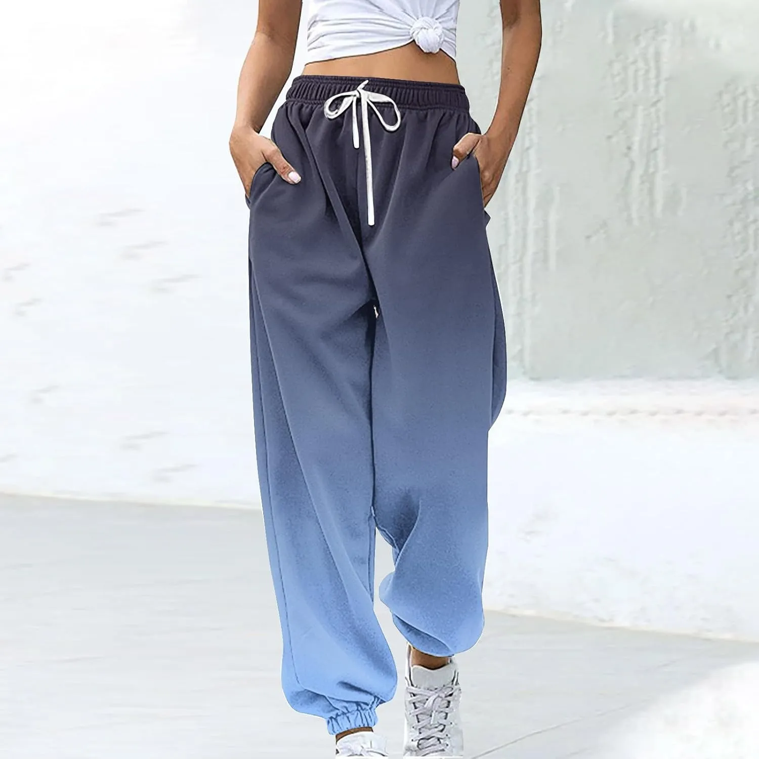 Athletic Sweat Pants Women Fall Jogger Pants Loose Casual Drawstring Pocket Sweatpants Gradient Fashion Sports Pants