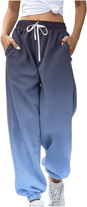 Athletic Sweat Pants Women Fall Jogger Pants Loose Casual Drawstring Pocket Sweatpants Gradient Fashion Sports Pants