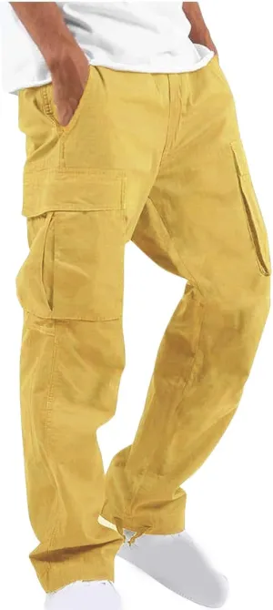 Aymnlox Mens Cargo Pants Casual Drawstring Elastic Waist Cotton Trousers Solid Fashion Hiking Jogger Pants with Multi Pockets