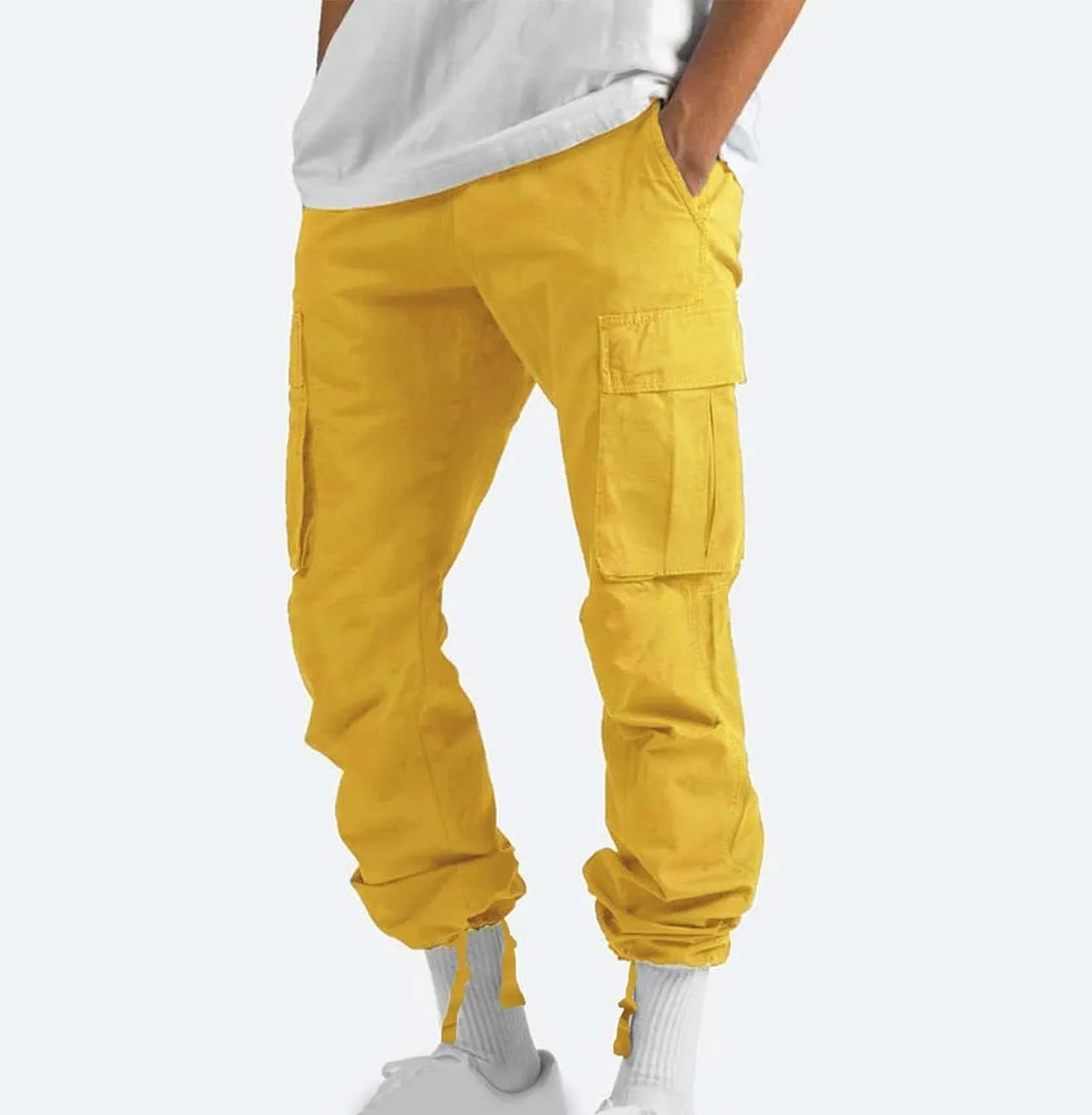 Aymnlox Mens Cargo Pants Casual Drawstring Elastic Waist Cotton Trousers Solid Fashion Hiking Jogger Pants with Multi Pockets