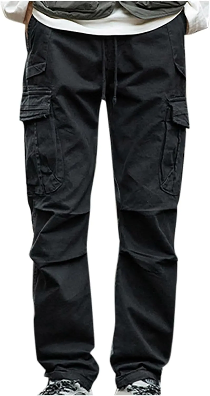 Aymnlox Mens Casual Cargo Pants Drawstring Elastic Waist Cotton Trousers Wide Leg Joggers Fall Sweatpants with Multi Pockets