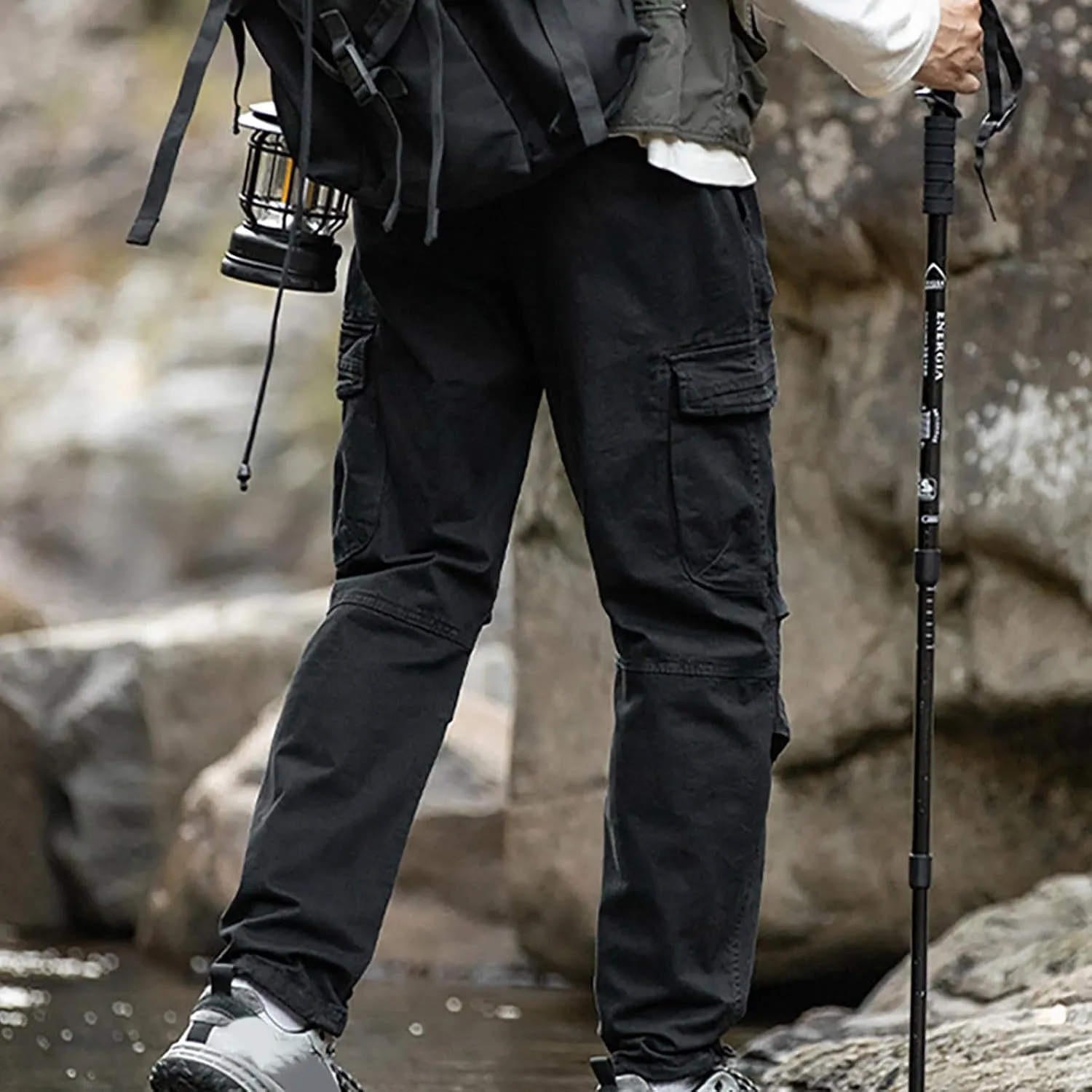 Aymnlox Mens Casual Cargo Pants Drawstring Elastic Waist Cotton Trousers Wide Leg Joggers Fall Sweatpants with Multi Pockets