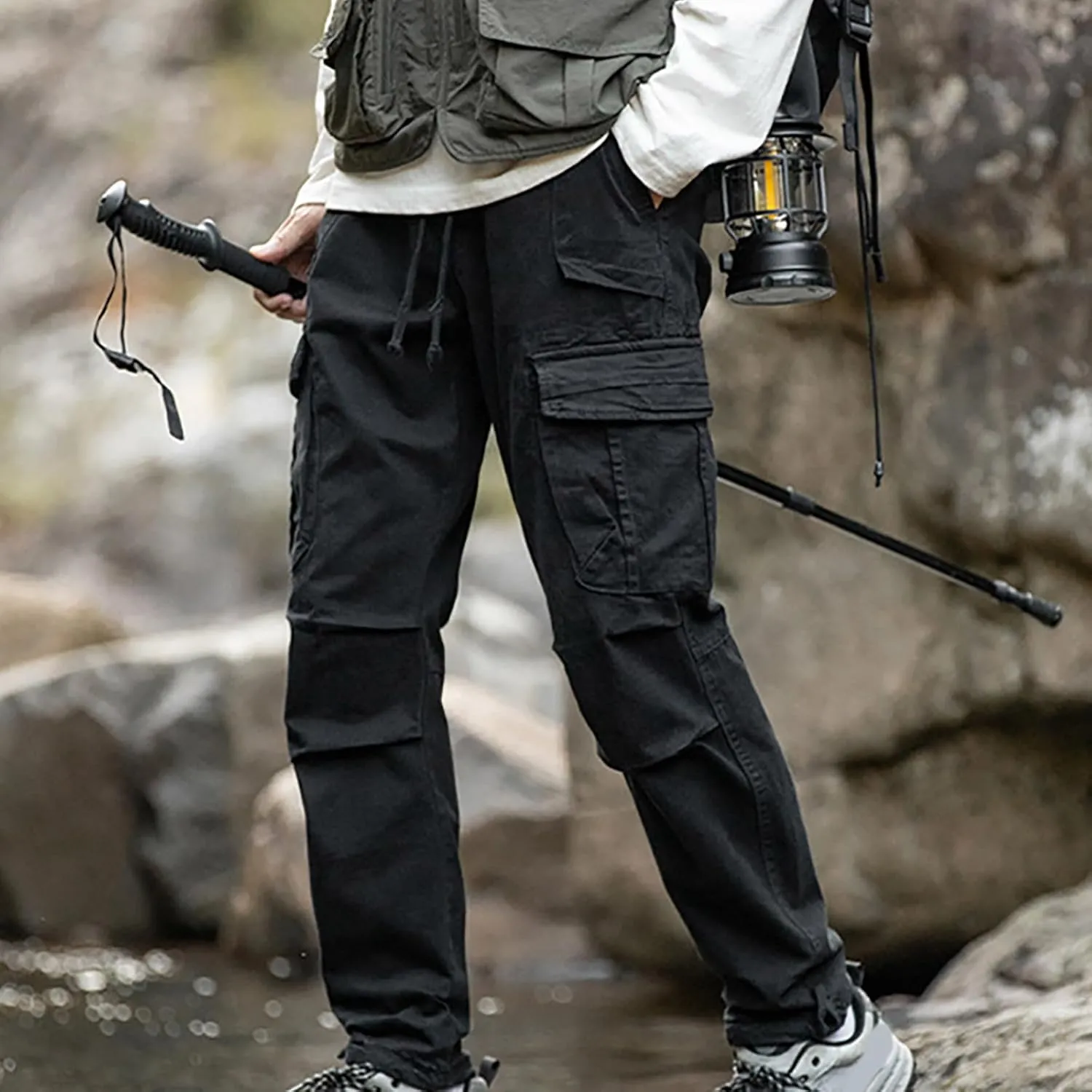 Aymnlox Mens Casual Cargo Pants Drawstring Elastic Waist Cotton Trousers Wide Leg Joggers Fall Sweatpants with Multi Pockets
