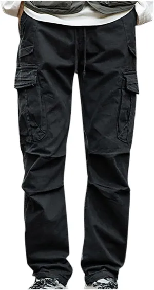 Aymnlox Mens Casual Cargo Pants Drawstring Elastic Waist Cotton Trousers Wide Leg Joggers Fall Sweatpants with Multi Pockets