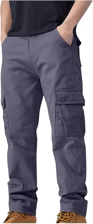 Aymnlox Men's Casual Cargo Pants Heavy Cotton Stretch Elastic Waist Workout Pants Straight Fit Wide Leg Pants with Pockets