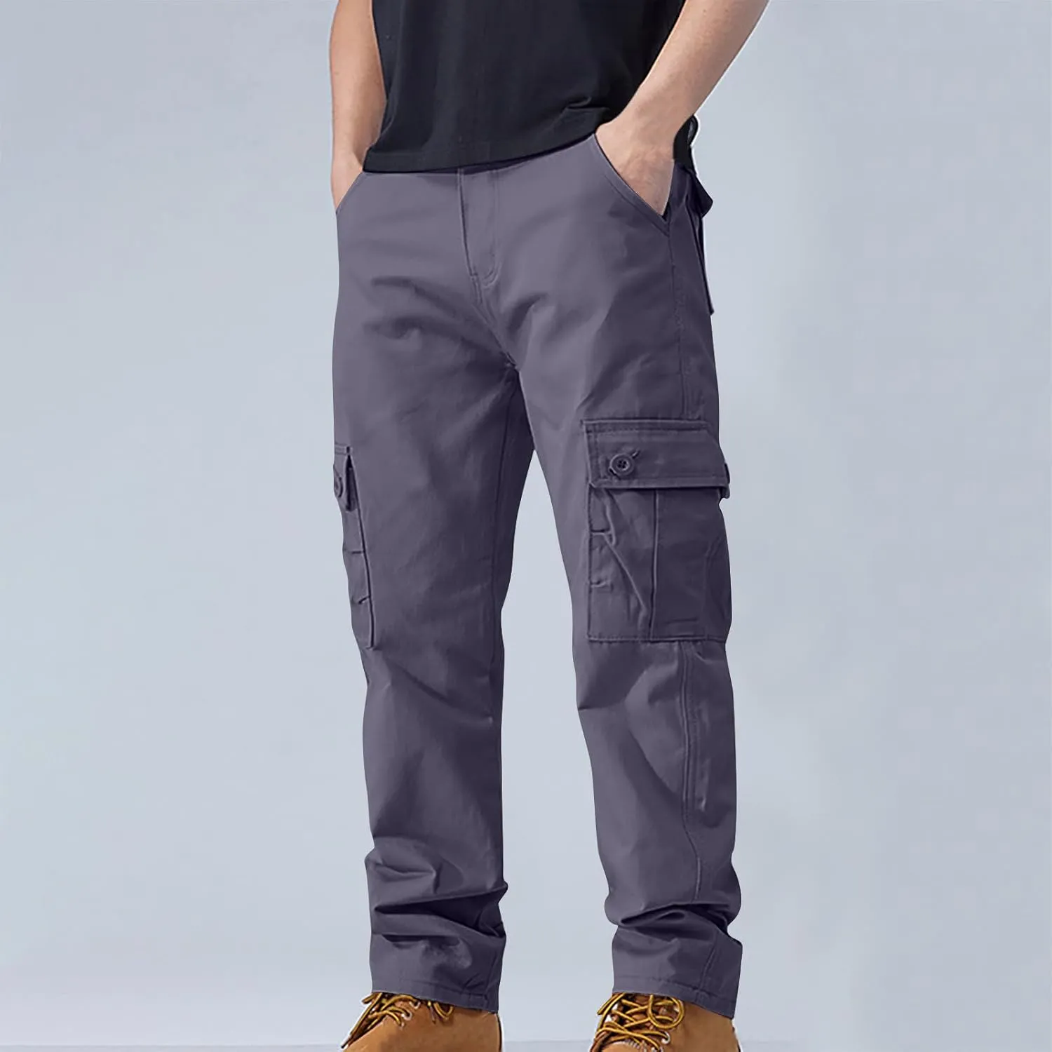 Aymnlox Men's Casual Cargo Pants Heavy Cotton Stretch Elastic Waist Workout Pants Straight Fit Wide Leg Pants with Pockets