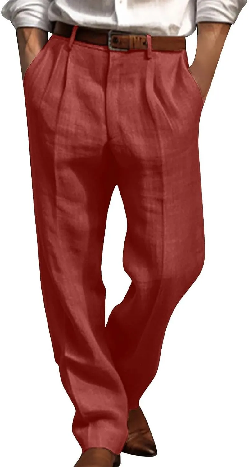 Aymnlox Mens Dress Pants Pleated Front Casual Twill Pants Casual Vintage Straight Fit Wide Leg Loose Trousers with Pockets