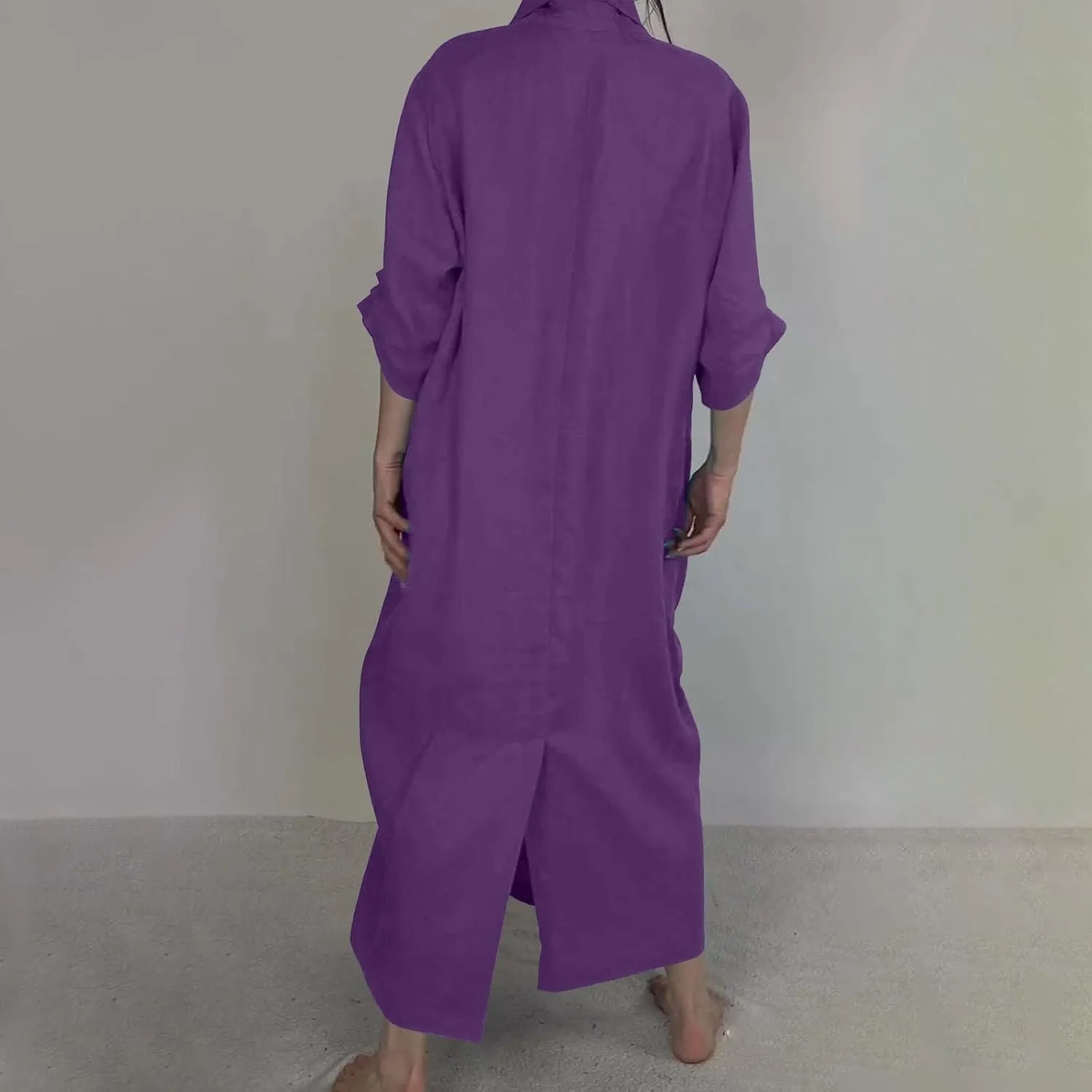 Boho Maxi Dress with Pockets Cozy Cotton Linen V Neck Slit Skirt Casual Loose Dress for Women Rose