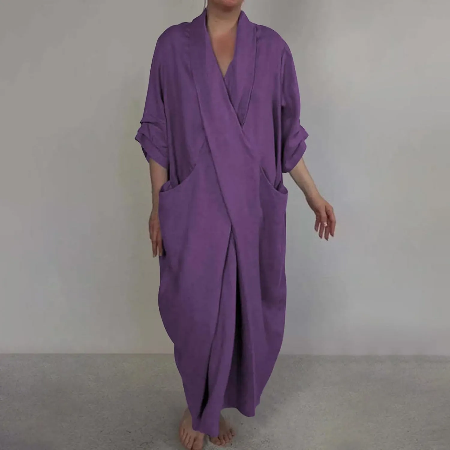 Boho Maxi Dress with Pockets Cozy Cotton Linen V Neck Slit Skirt Casual Loose Dress for Women Rose