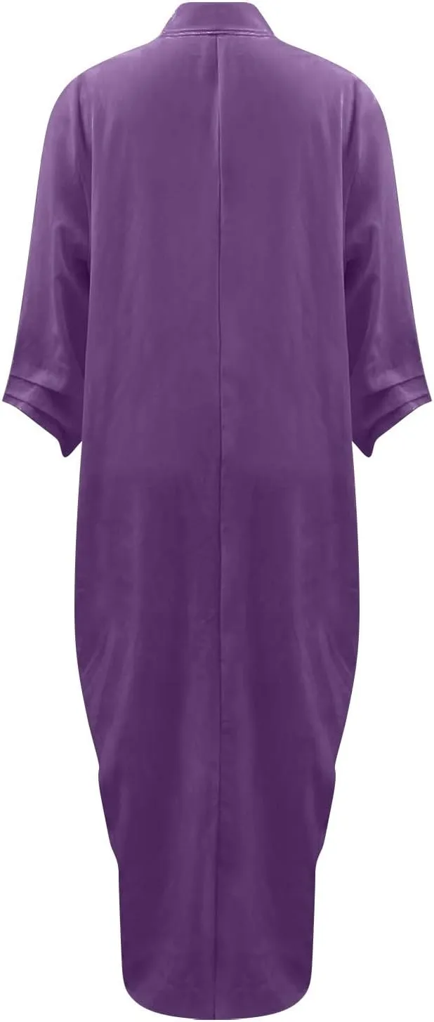 Boho Maxi Dress with Pockets Cozy Cotton Linen V Neck Slit Skirt Casual Loose Dress for Women Rose