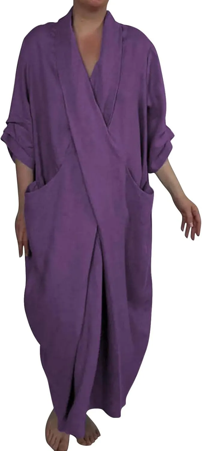 Boho Maxi Dress with Pockets Cozy Cotton Linen V Neck Slit Skirt Casual Loose Dress for Women Rose