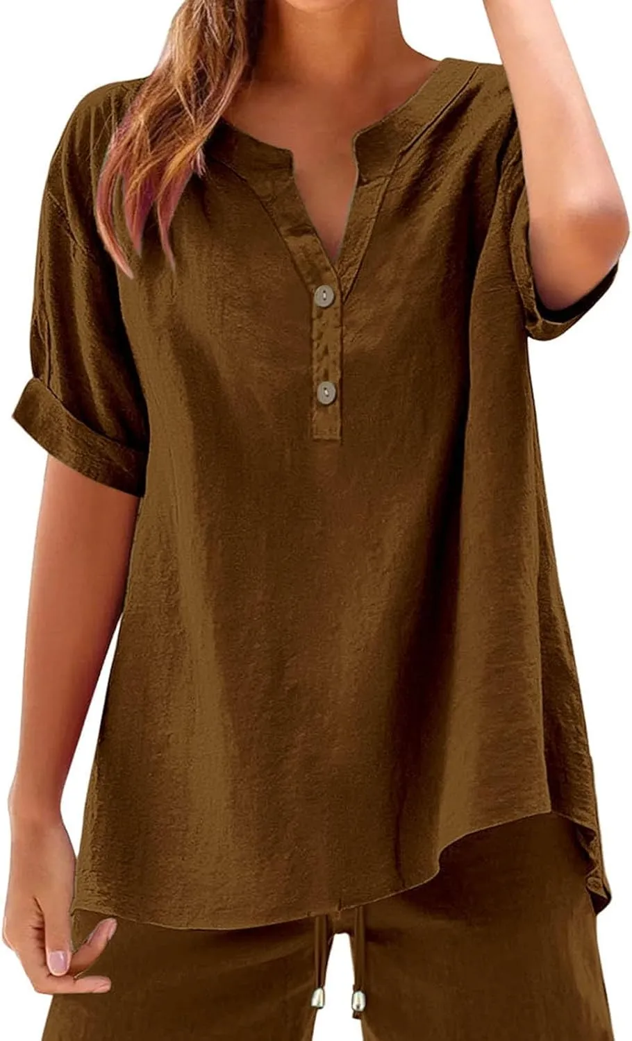Button Cotton Linen Shirt - Women's 3/4 Sleeve Tee Solid Color Lightweight Breathable Tops for Vacation