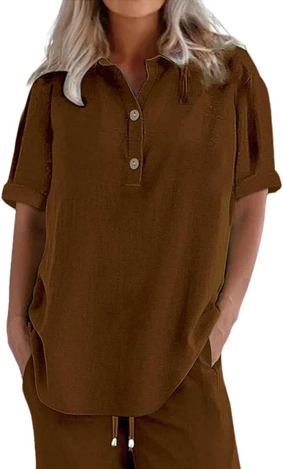 Button Cotton Linen Shirt - Women's 3/4 Sleeve Tee Solid Color Lightweight Breathable Tops for Vacation