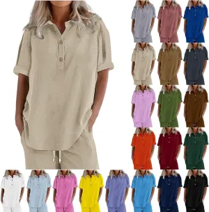 Button Cotton Linen Shirt - Women's 3/4 Sleeve Tee Solid Color Lightweight Breathable Tops for Vacation