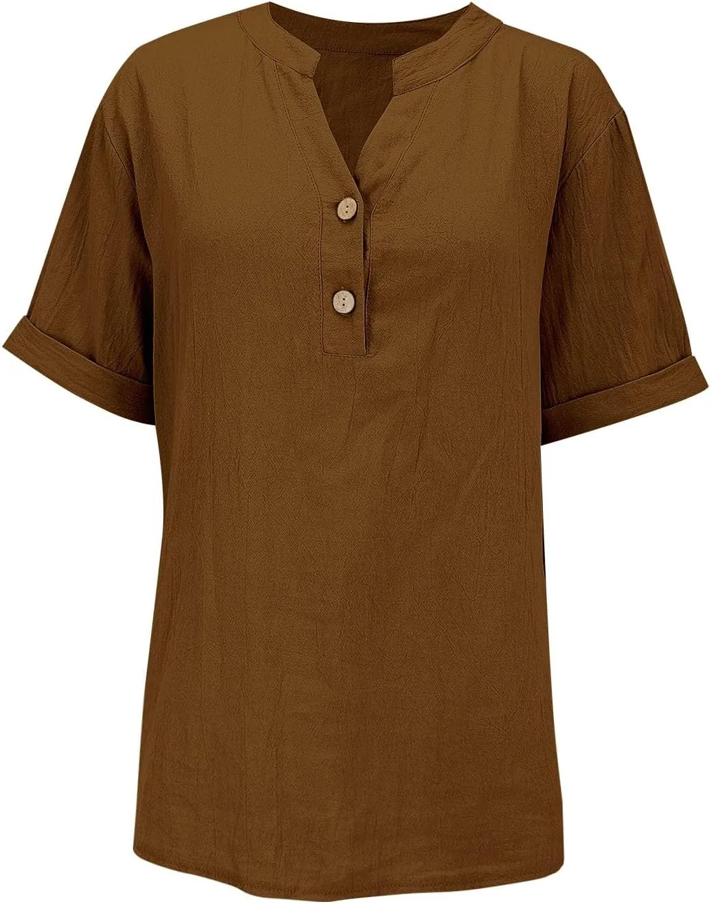 Button Cotton Linen Shirt - Women's 3/4 Sleeve Tee Solid Color Lightweight Breathable Tops for Vacation