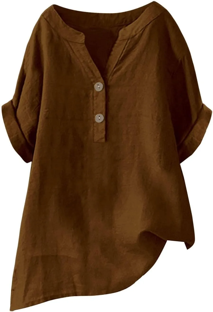 Button Cotton Linen Shirt - Women's 3/4 Sleeve Tee Solid Color Lightweight Breathable Tops for Vacation