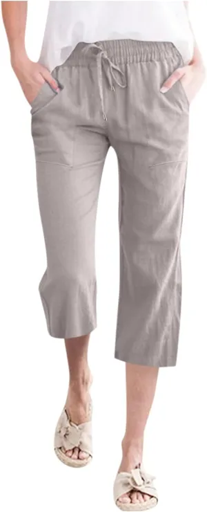 Capri Pants for Women Cotton Linen Casual Summer Straight Leg Loose High Waist Cropped Trouser Beach Pant