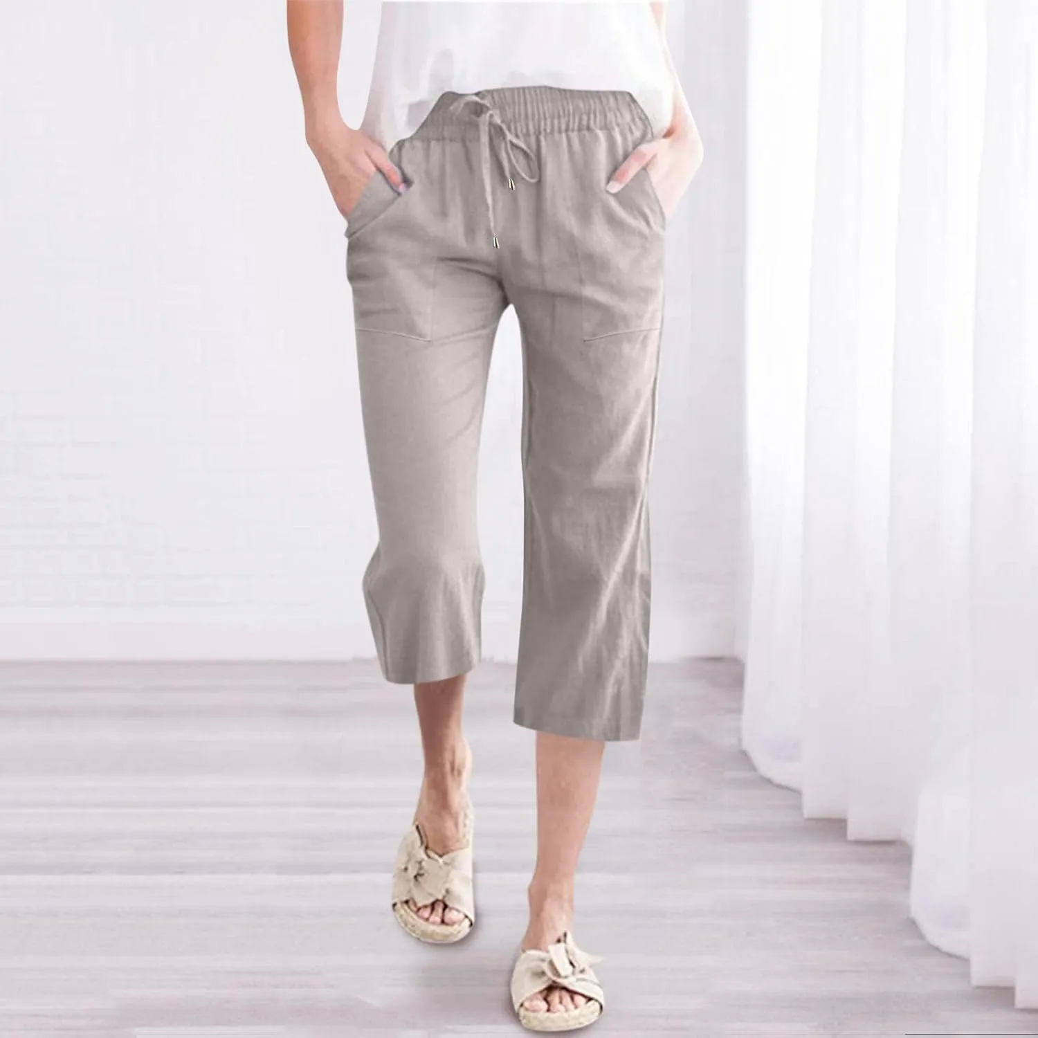 Capri Pants for Women Cotton Linen Casual Summer Straight Leg Loose High Waist Cropped Trouser Beach Pant