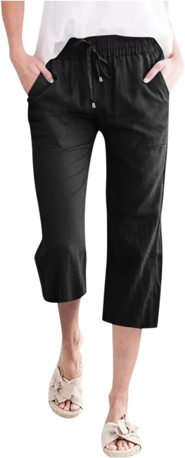 Capri Pants for Women Cotton Linen Casual Summer Straight Leg Loose High Waist Cropped Trouser Beach Pant