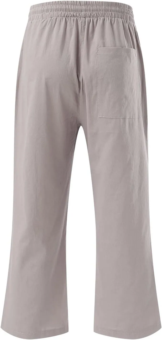 Capri Pants for Women Cotton Linen Casual Summer Straight Leg Loose High Waist Cropped Trouser Beach Pant