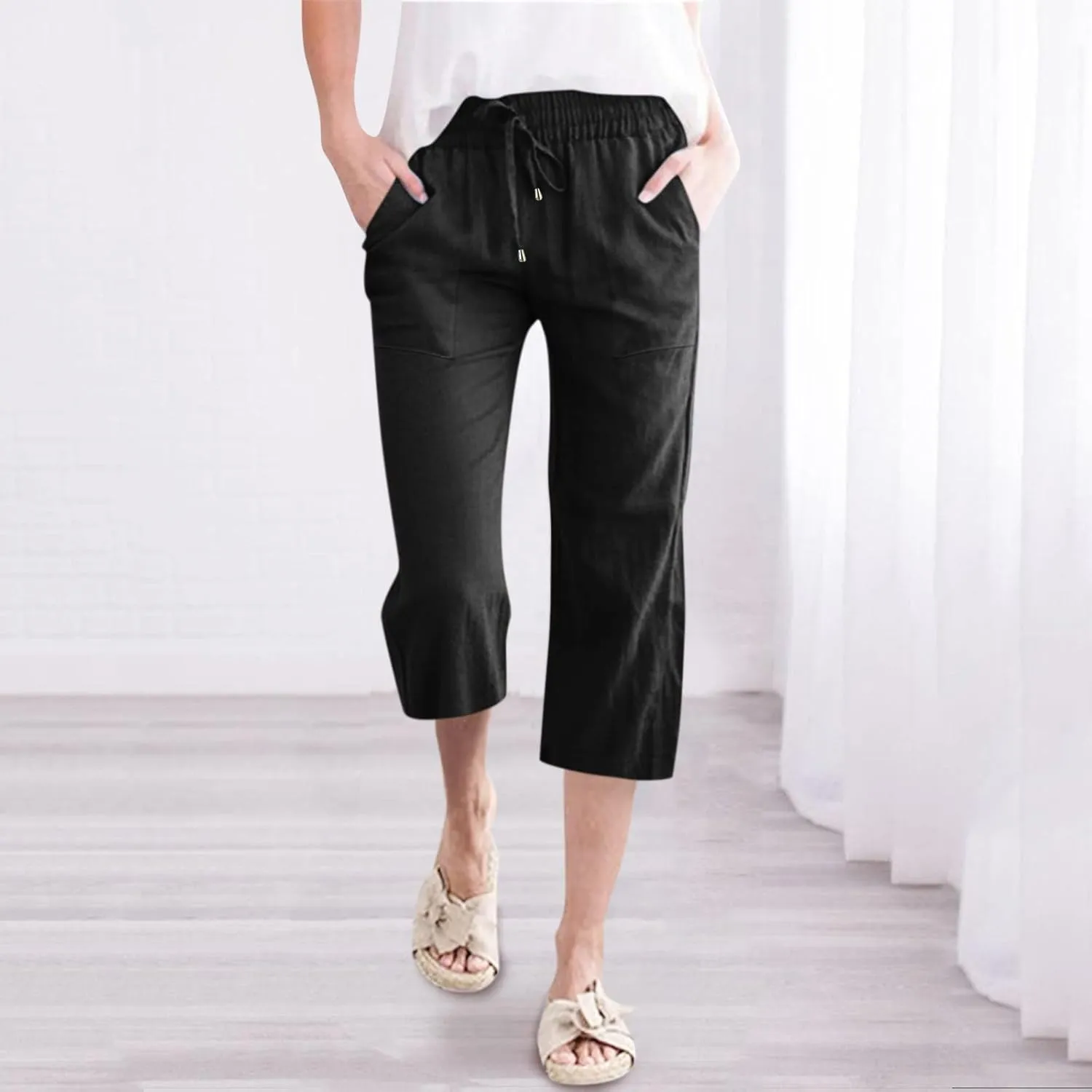 Capri Pants for Women Cotton Linen Casual Summer Straight Leg Loose High Waist Cropped Trouser Beach Pant