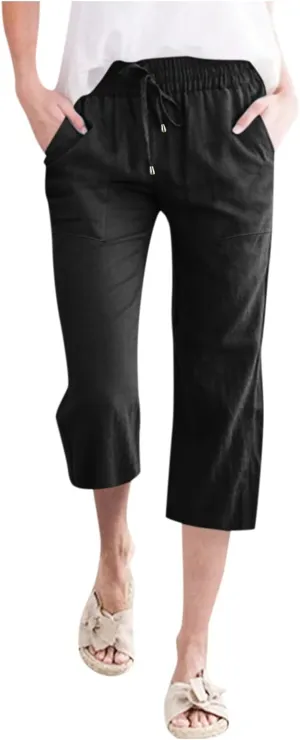 Capri Pants for Women Cotton Linen Casual Summer Straight Leg Loose High Waist Cropped Trouser Beach Pant