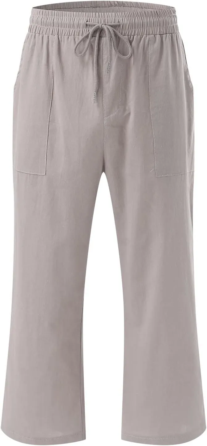 Capri Pants for Women Cotton Linen Casual Summer Straight Leg Loose High Waist Cropped Trouser Beach Pant