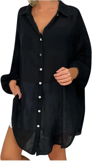 Ceboyel Women Casual Summer Gauze Tops Cotton Linen Long Sleeve Shirts Button Down Collared Blouses Trendy Ladies Outfits