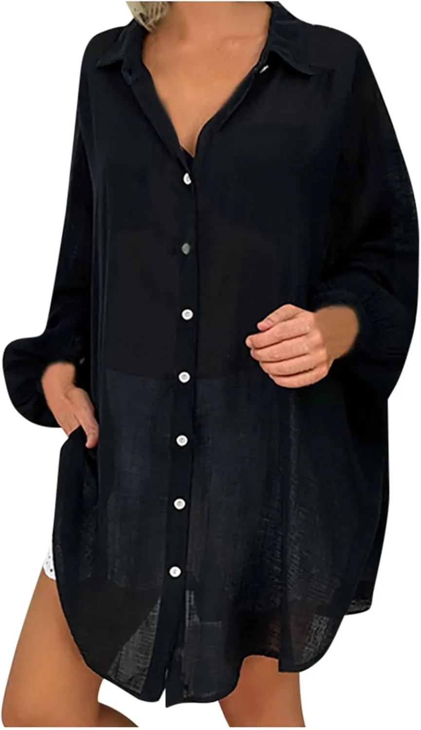 Ceboyel Women Casual Summer Gauze Tops Cotton Linen Long Sleeve Shirts Button Down Collared Blouses Trendy Ladies Outfits