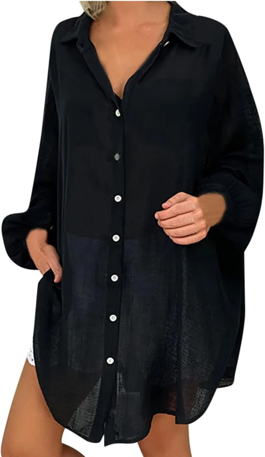 Ceboyel Women Casual Summer Gauze Tops Cotton Linen Long Sleeve Shirts Button Down Collared Blouses Trendy Ladies Outfits